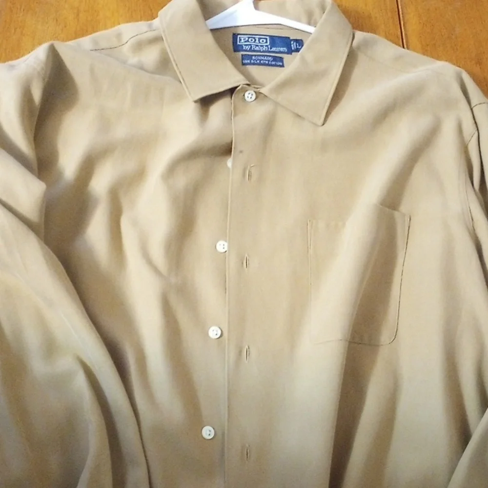 Ralph Lauren Tan Men's Silk Shirt Vintage 90s - Picture 1 of 3